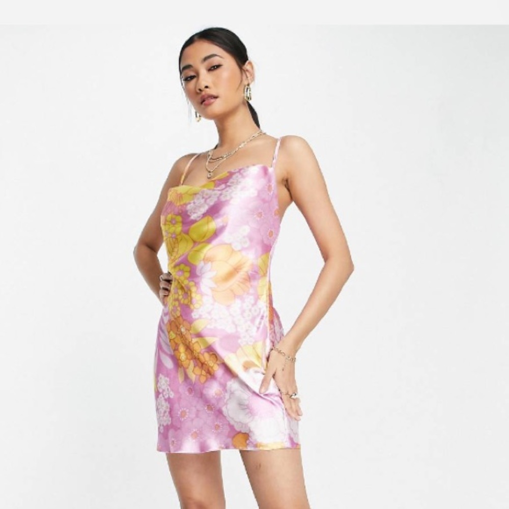 BNWOT ASOS mini cami slip dress in high shine floral satin with lace up back 6